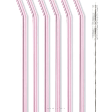 Słomki szklane różowe zakrzywione 23cm zestaw 6 sztuk ze szczoteczką 26636