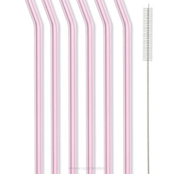 Słomki szklane różowe zakrzywione 23cm zestaw 6 sztuk ze szczoteczką 26636